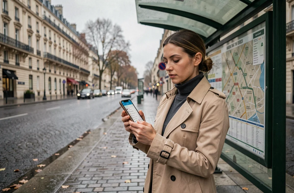 Femme consultant une carte interactive de bus sur smartphone à un arrêt de bus parisien en automne