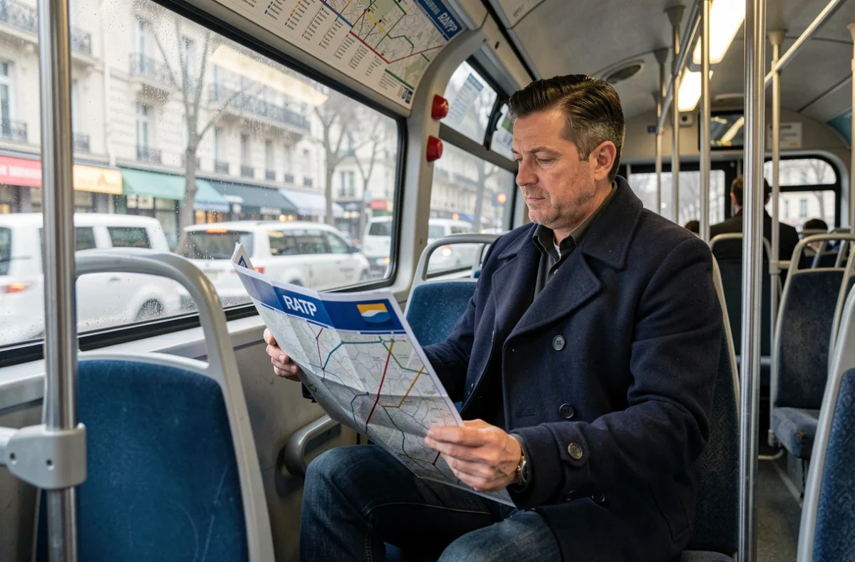Homme lisant une carte du réseau de bus RATP à l'intérieur d'un bus parisien