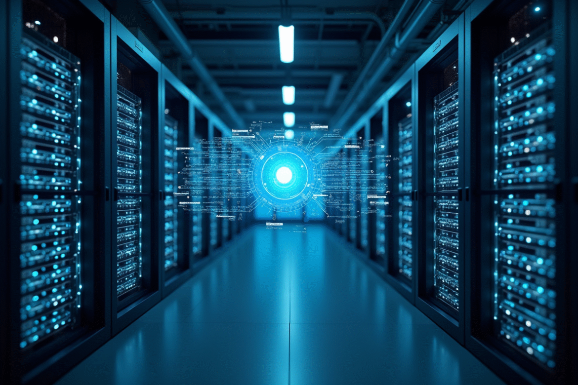 Salle serveurs moderne avec interface AI et LLM