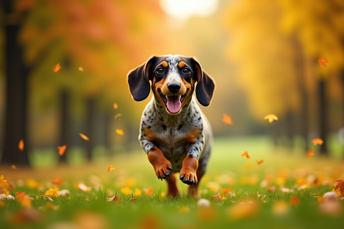 Dachshund jouant dans un parc en automne