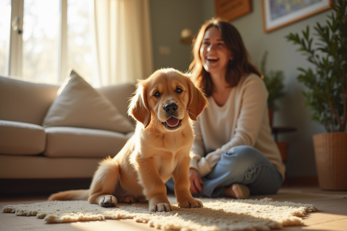 Chien dwarf retriever assis sur un tapis dans un salon ensoleille