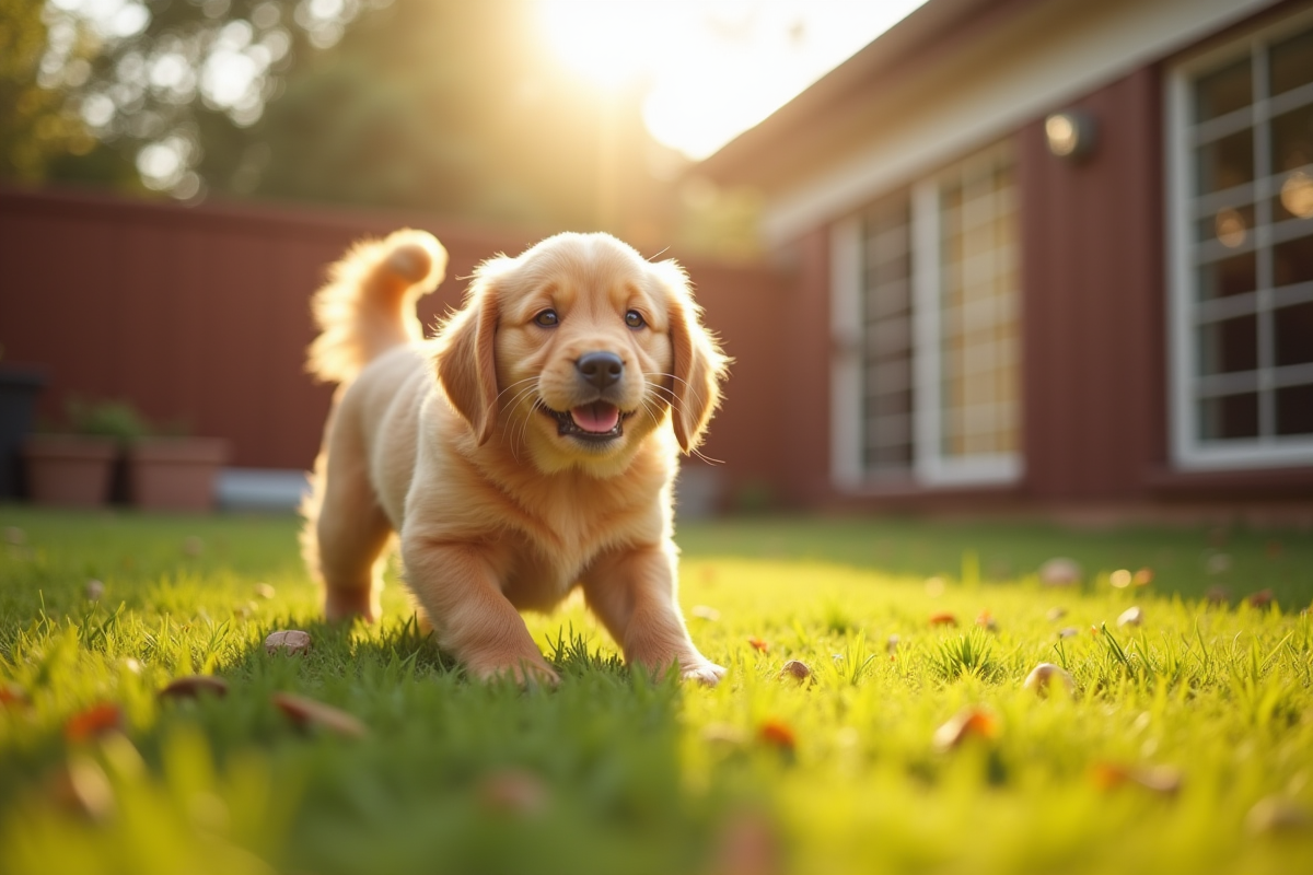 Chien dwarf retriever jouant dans le jardin ensoleille avec un enfant