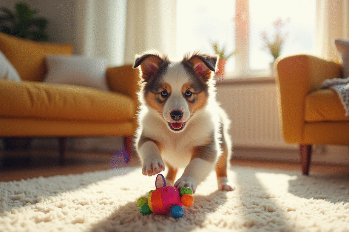 Chiot Australian Shepherd jouant avec un jouet coloré dans un salon lumineux