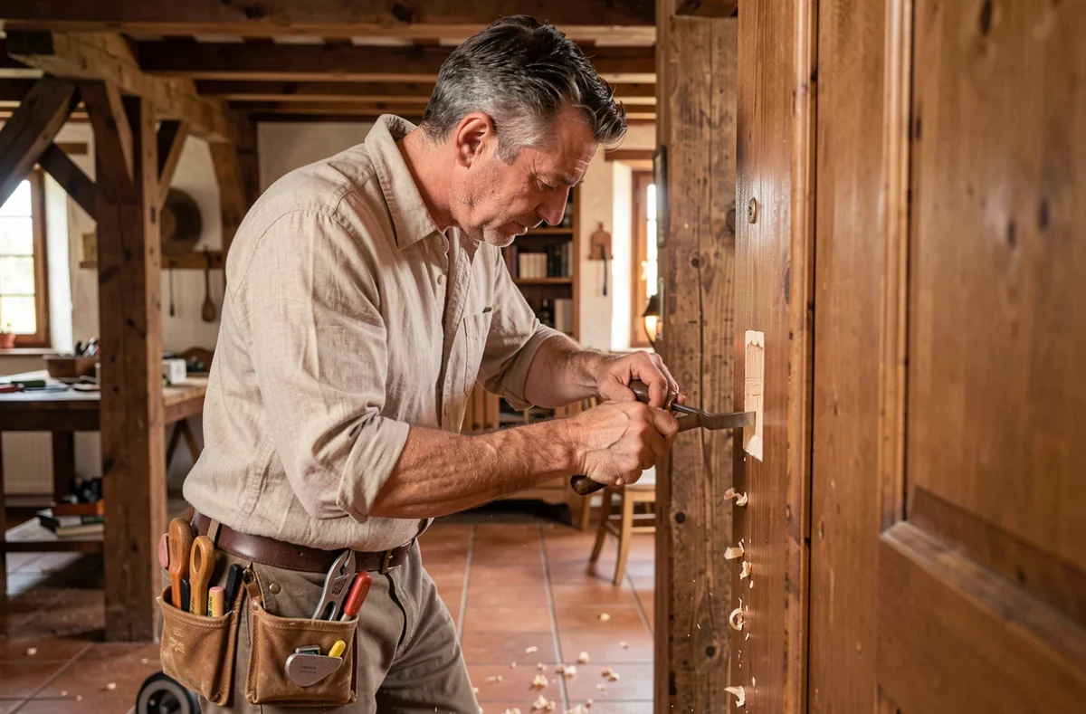 Artisan Cmb-Chris'Menuiserie Bucheroise travaillant la serrurerie sur une porte en chêne massif