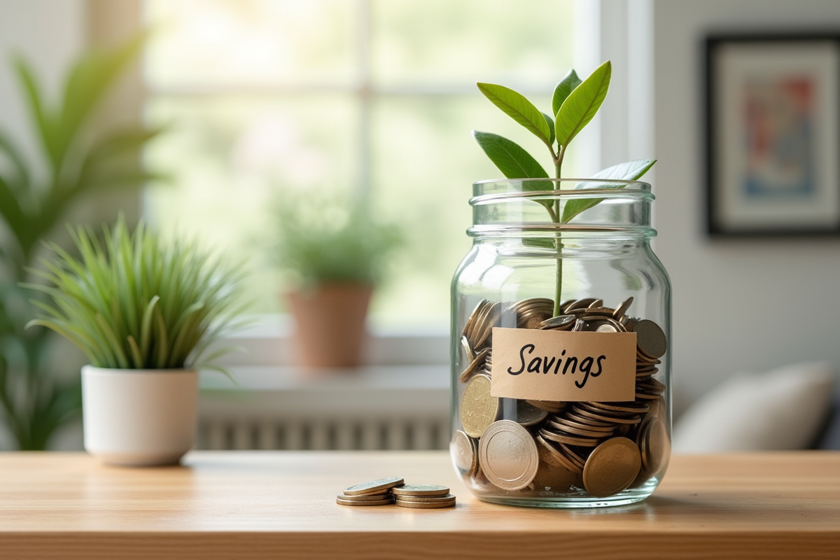 Coffre rempli de pièces et billets avec plante verte