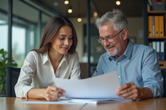 Deux collègues en réunion de travail dans un bureau professionnel