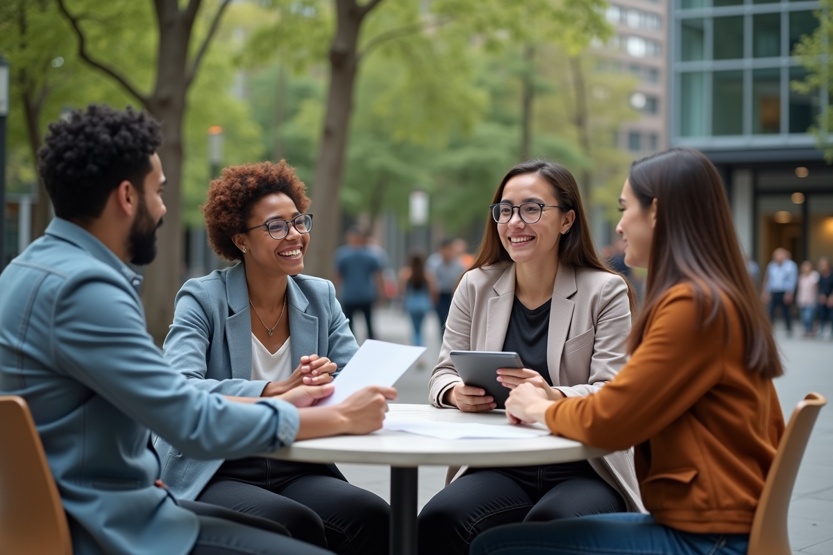 Groupe de quatre personnes en réunion en extérieur dans un espace urbain