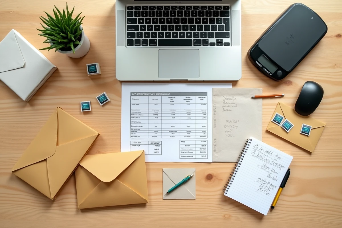 Vue aérienne d'un bureau avec enveloppes, balance postale et tableau de comparaison des coûts d'envoi pour e-commerce