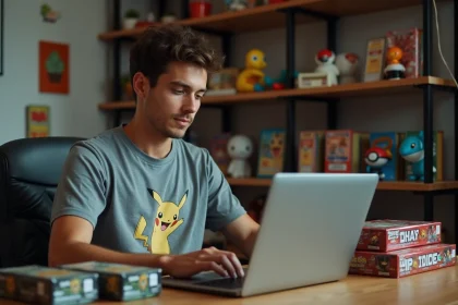 Jeune homme comparant les prix de produits Pokémon entre une boutique en ligne tierce et le site officiel Pokémon sur son ordinateur portable