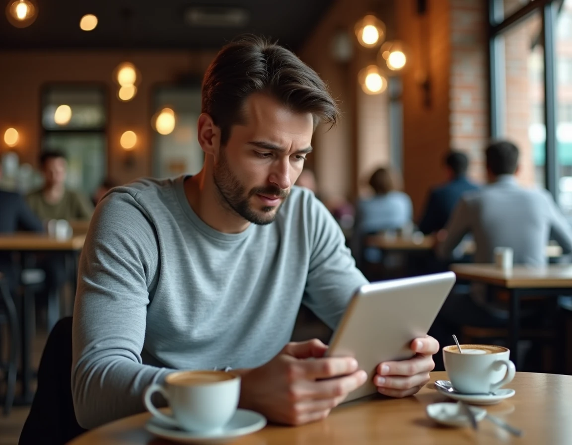 Homme comparant des sites de lecture de manga sur une tablette dans un café pour éviter les arnaques