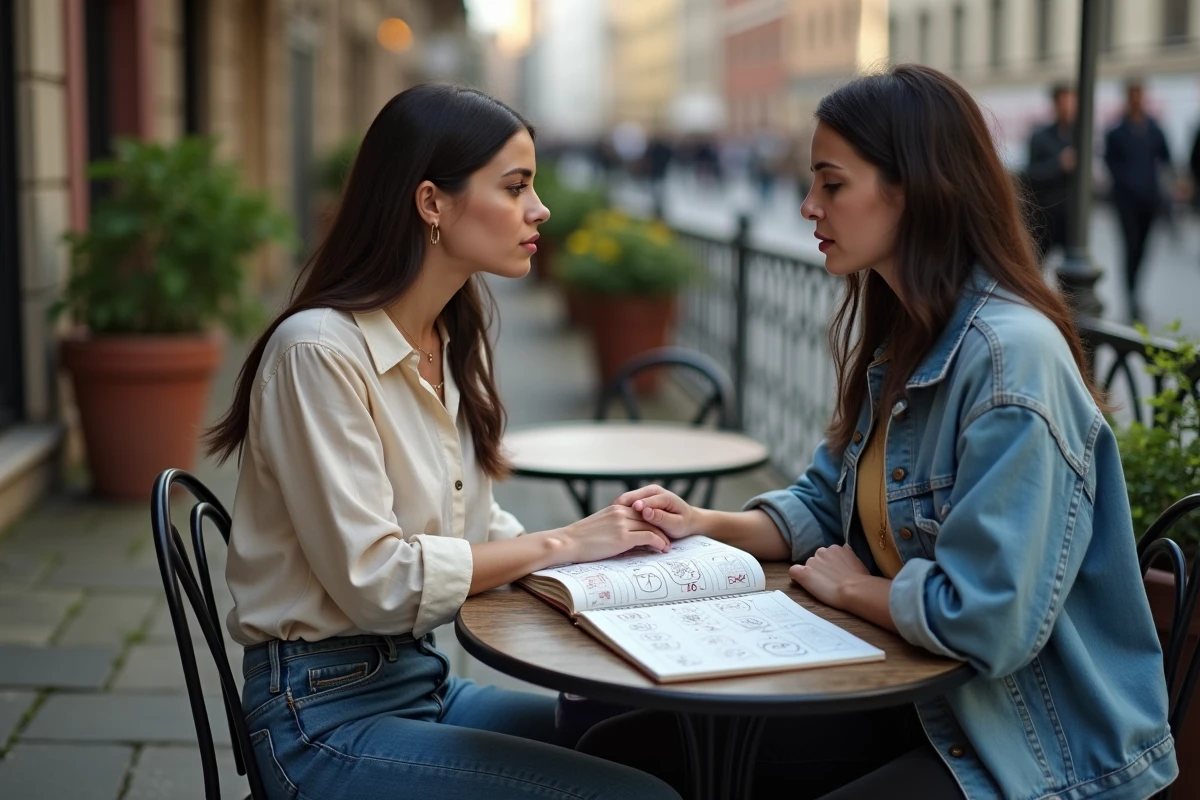 Deux femmes dans un café discutant des interprétations toxiques des signes numériques et de la flamme jumelle
