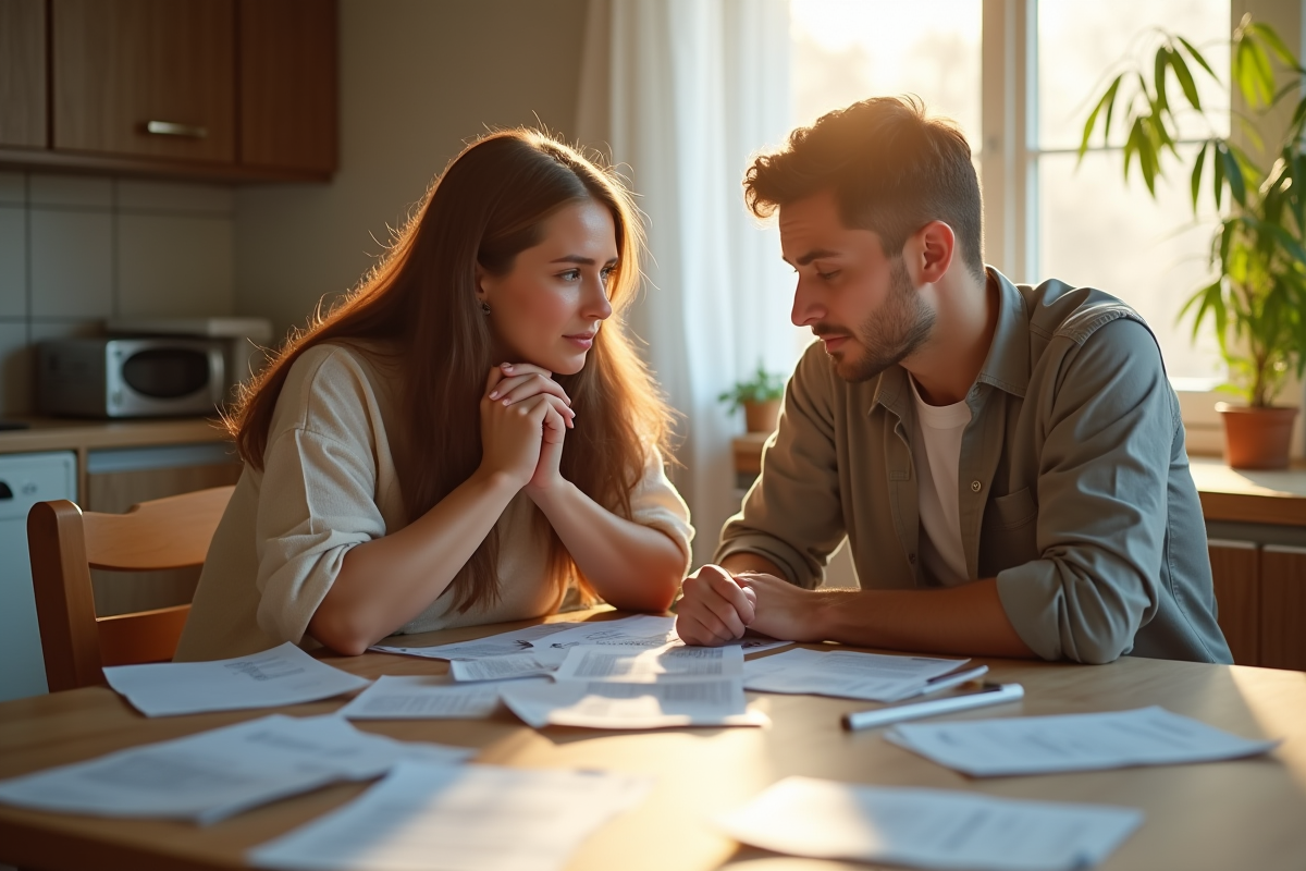 Jeune couple inquiet avec papiers et reçus à la cuisine