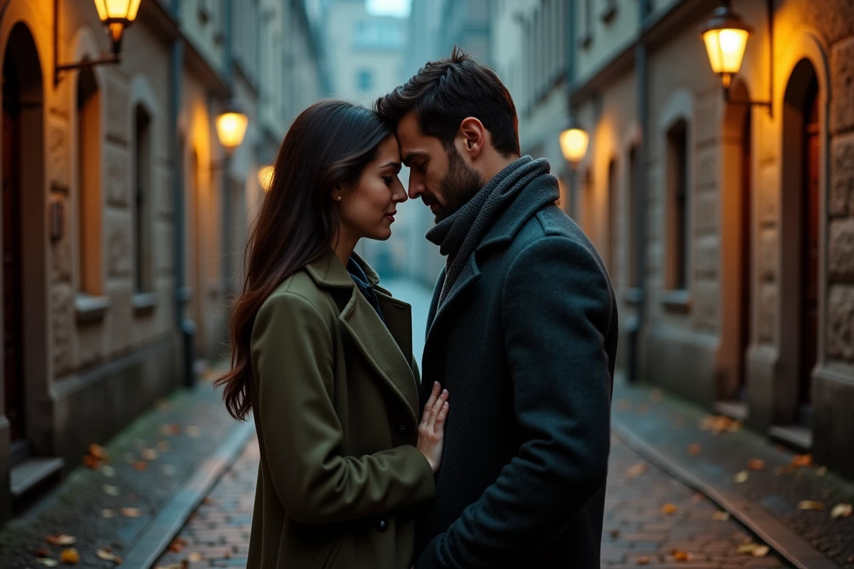 Couple synchronisé et connecté dans une rue pavée nocturne, illustrant l'attraction amoureuse et les heures miroirs