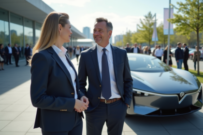 Un couple en costume devant une voiture électrique futuriste