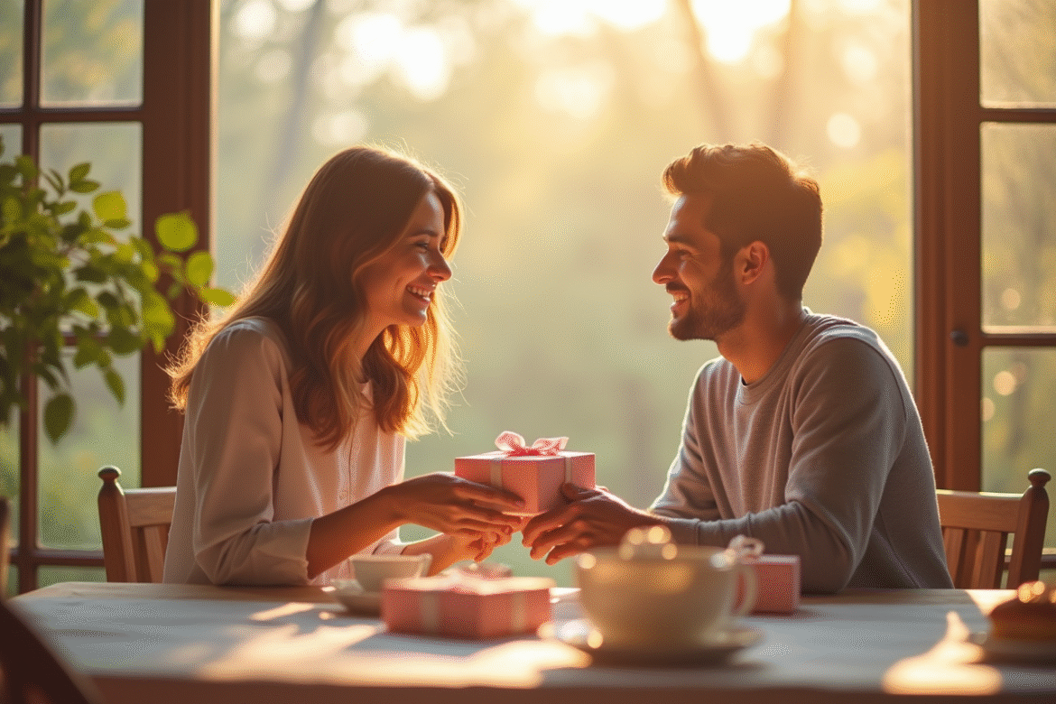 Couple souriant échangeant des cadeaux lors d'un petit déjeuner lumineux