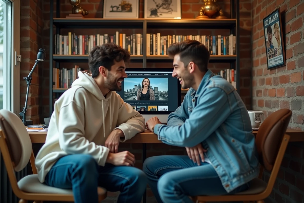 Couple de cinéphiles consultant un site de films en ligne dans un bureau décoré de posters de cinéma