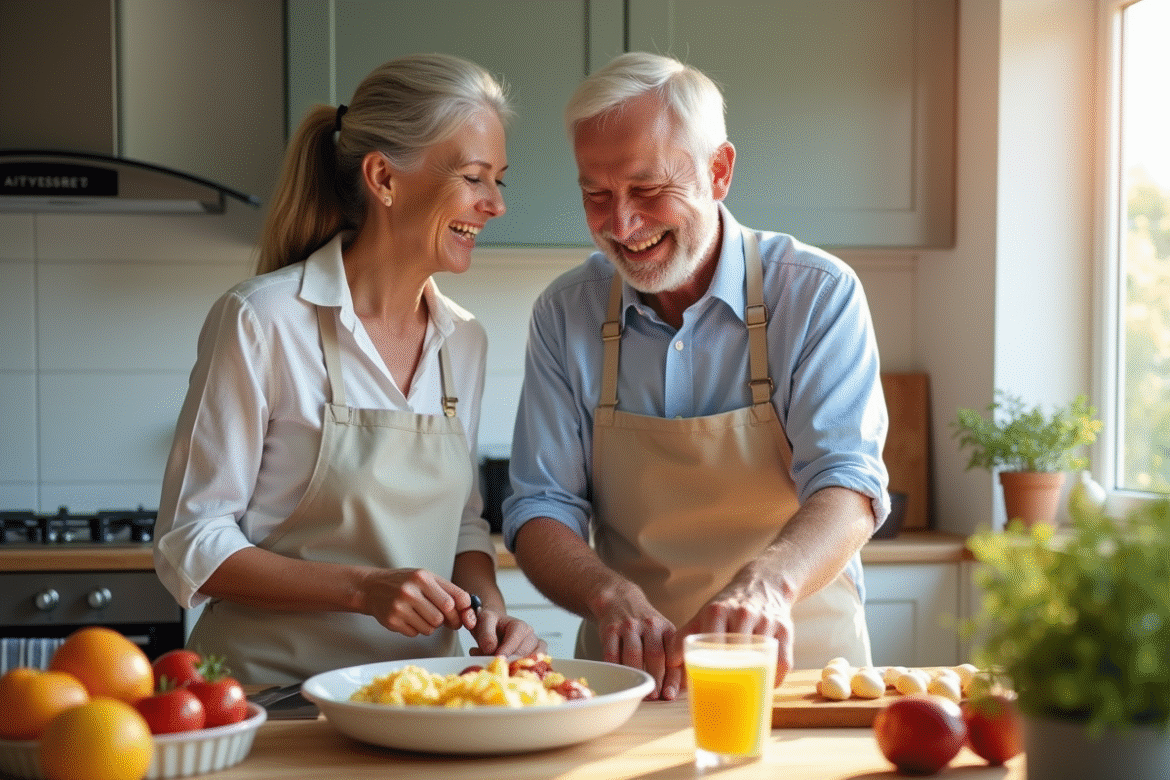 Couple souriant en cuisine lumineuse pour un article sur la vie de couple