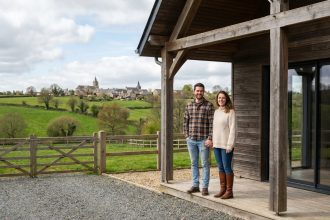 Jeune couple souriant devant maison moderne en campagne