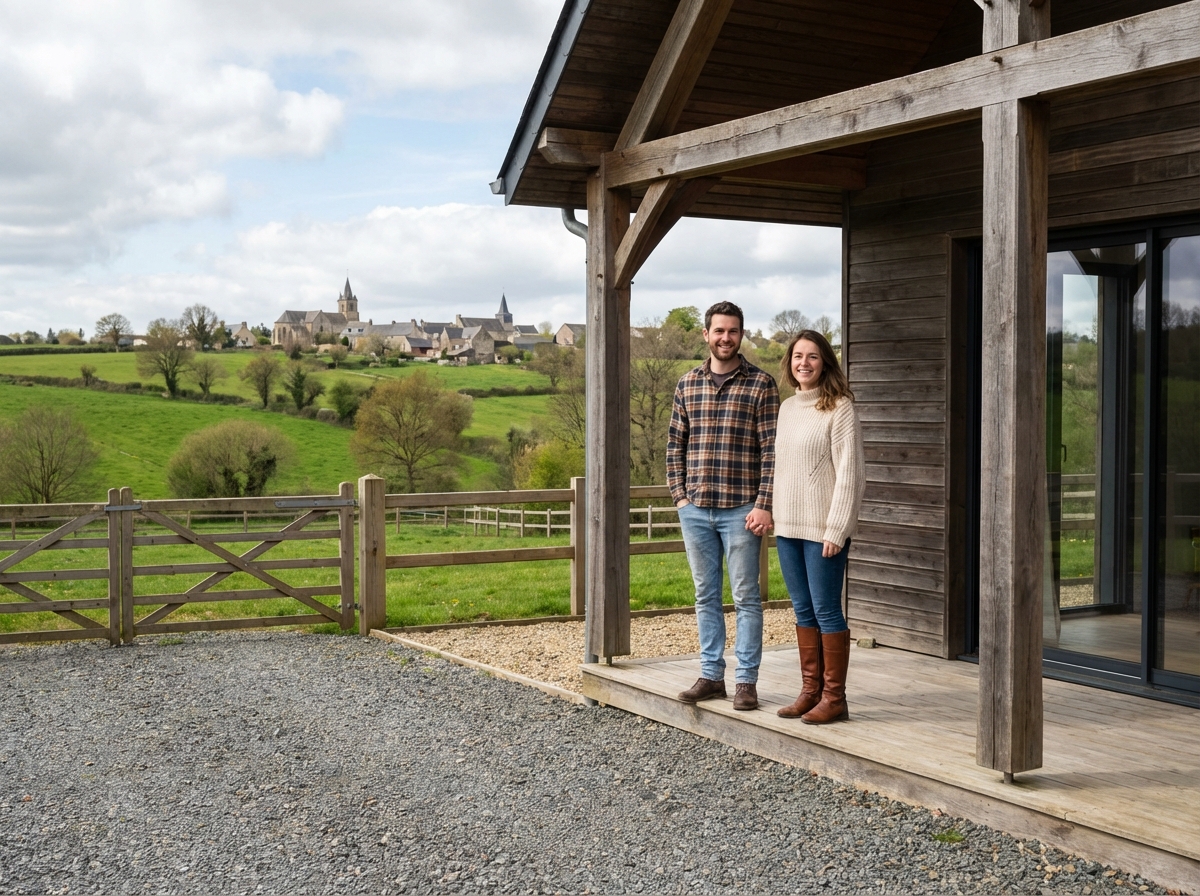 Jeune couple souriant devant maison moderne en campagne