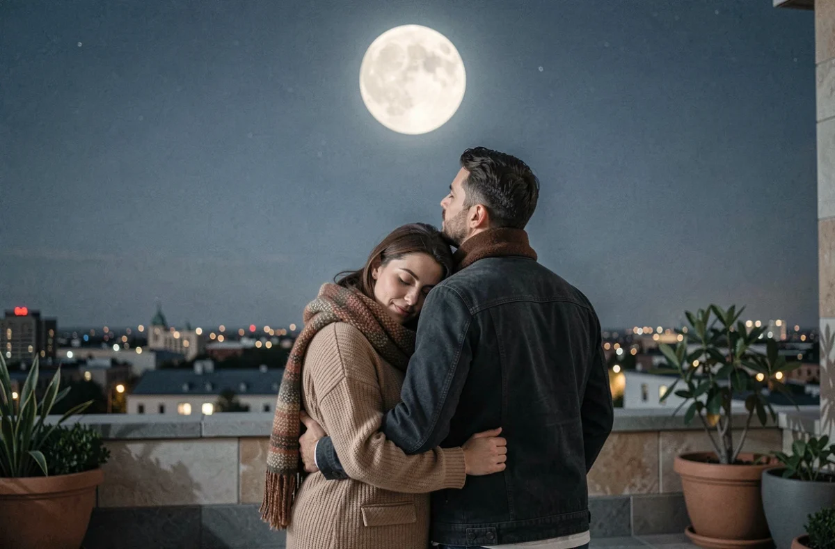 Couple réconcilié sur un toit sous la pleine lune de novembre, illustrant le pouvoir lunaire sur les émotions et les relations amoureuses