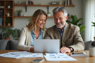 Couple souriant en intérieur avec documents de prêt immobilier