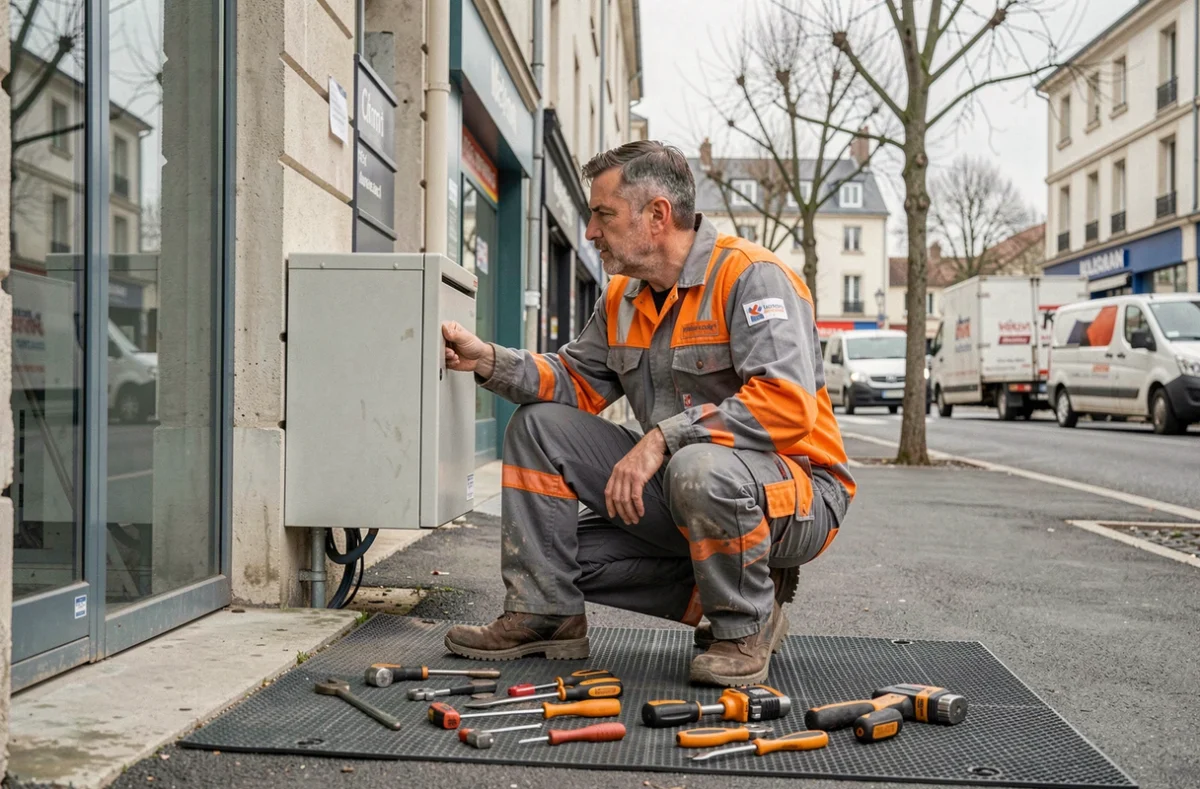 Électricien Debeaux Electricité travaillant sur une armoire électrique extérieure d'un bâtiment commercial à Villeurbanne
