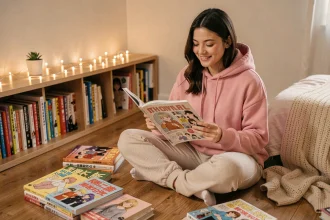 Jeune femme lisant un manga boys love entourée de volumes de yaoi sur un plancher en bois dans une chambre cosy