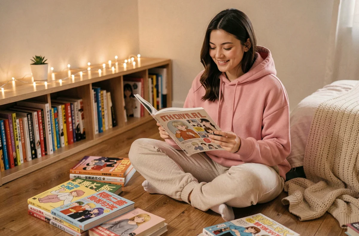 Jeune femme lisant un manga boys love entourée de volumes de yaoi sur un plancher en bois dans une chambre cosy