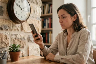 Femme française consultant son téléphone et une horloge murale pour calculer le décalage horaire entre la France et la Nouvelle-Calédonie