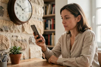 Femme française consultant son téléphone et une horloge murale pour calculer le décalage horaire entre la France et la Nouvelle-Calédonie