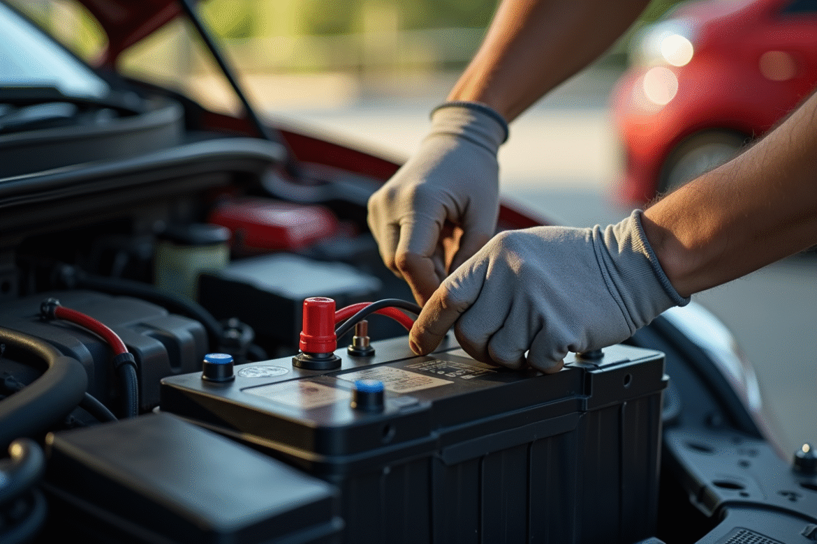 Personne déconnectant la borne négative de la batterie voiture en extérieur