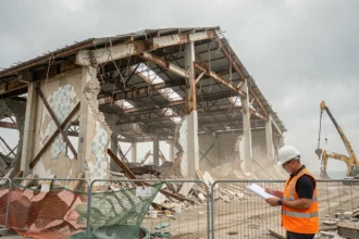 Chantier de démolition de l'Aqualud au Touquet avec ouvrier en gilet orange examinant des plans devant les ruines en béton armé de la structure