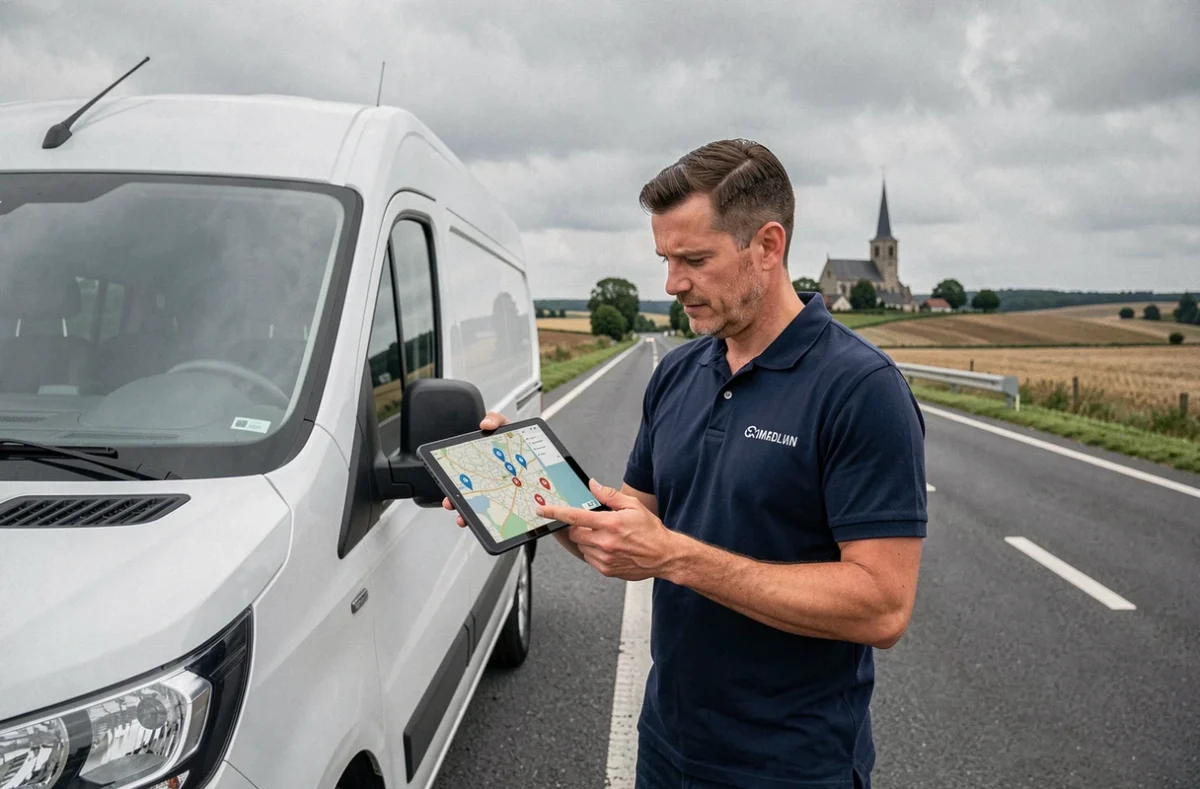 Coordinateur Depanneo consultant une tablette près d'un van de service sur une route de l'Aube
