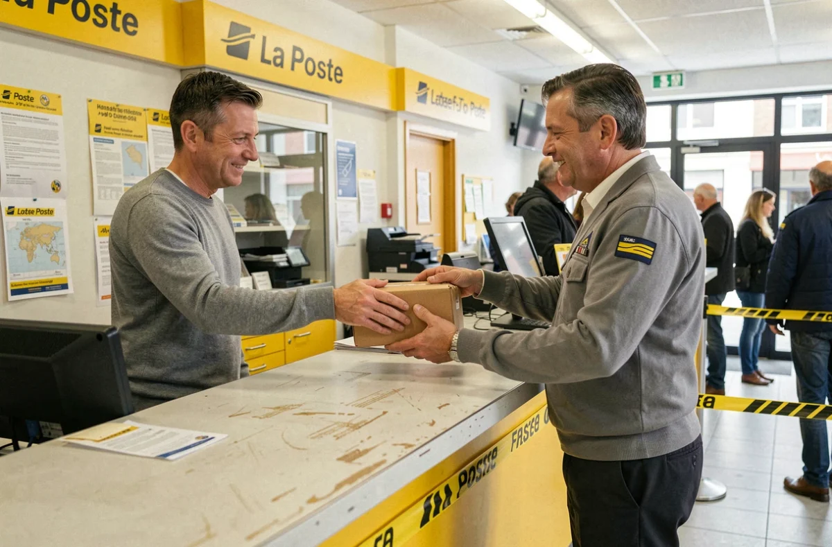 Homme remettant un colis en envoi suivi au guichet d'un bureau de La Poste en France