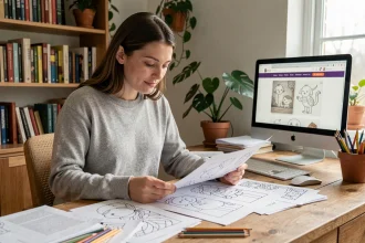Femme consultant des dessins à imprimer pour enfants sur un bureau en bois avec des crayons de couleur