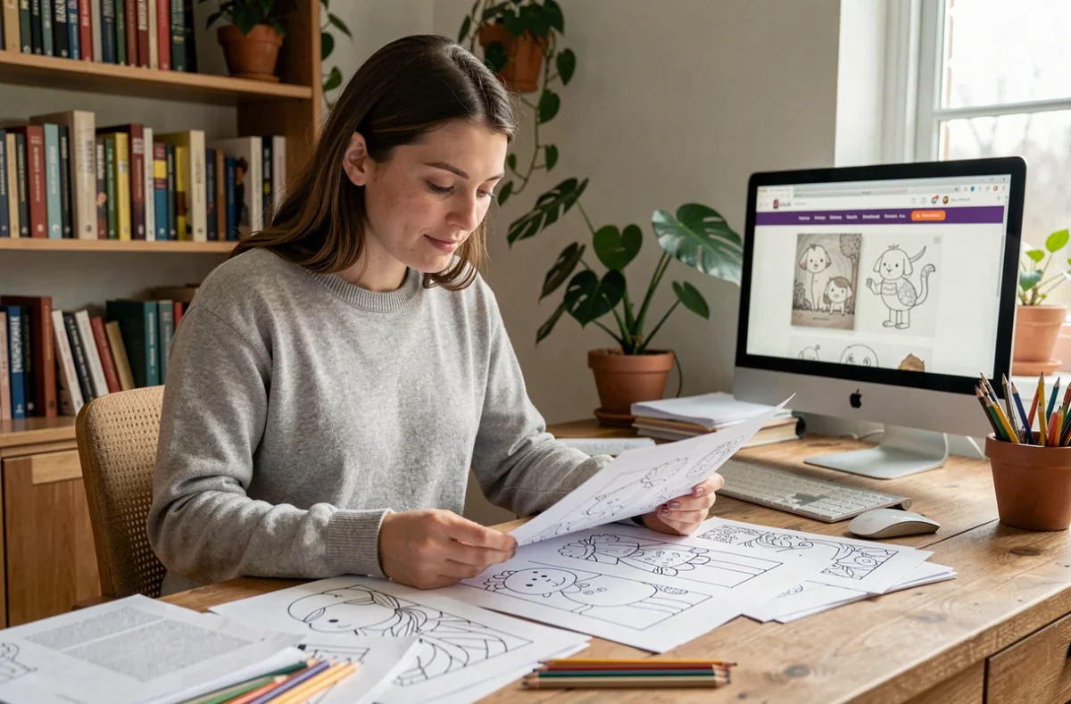 Femme consultant des dessins à imprimer pour enfants sur un bureau en bois avec des crayons de couleur