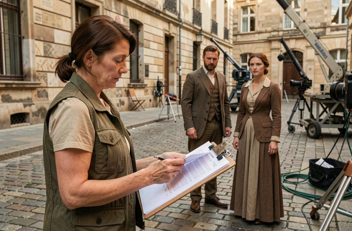 Directrice de casting dirigeant des figurants en costume sur un tournage cinéma en extérieur