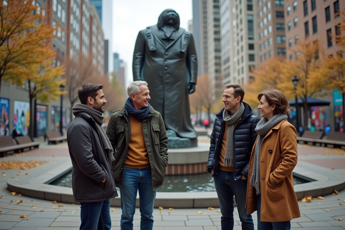 Groupe discutant devant une sculpture urbaine en plein air