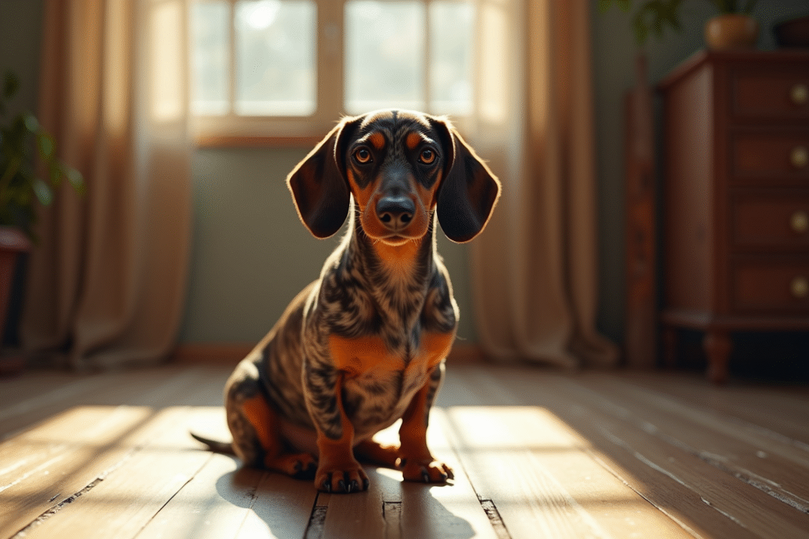 Dachshund arlequin assis dans un salon ensoleille