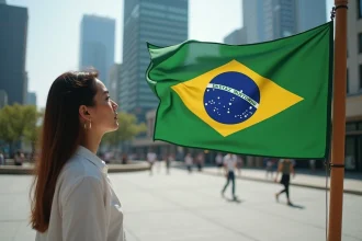 Femme observant un drapeau vert jaune étoile rouge brésilien sur une place urbaine