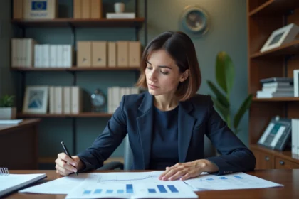 Economiste femme en bureau avec insignie BCE