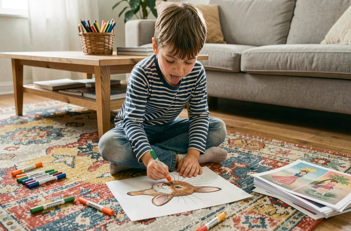 Enfant coloriant un dessin imprimé sur un tapis coloré dans un salon avec des marqueurs