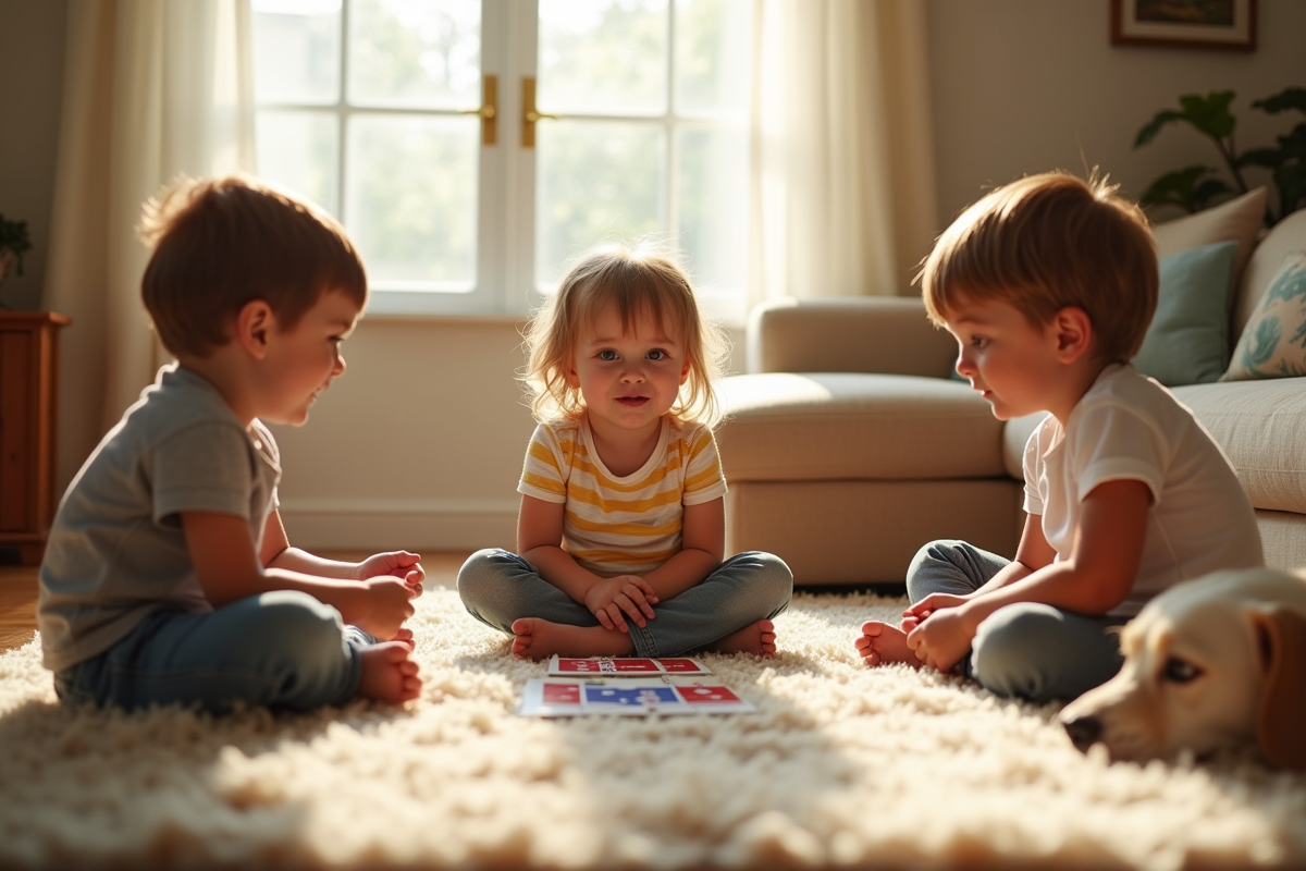 Enfants jouant à SkipBo Junior sur un tapis dans le salon