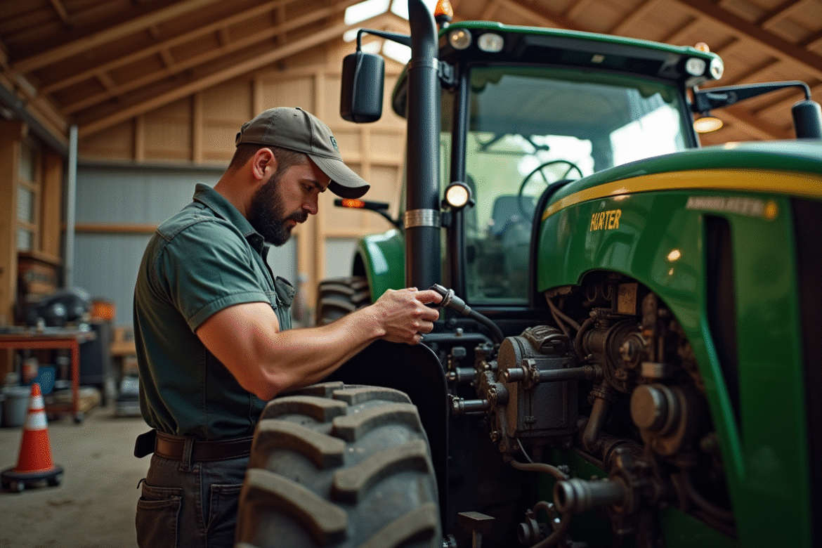 Ferme en plein travail avec un tracteur en maintenance