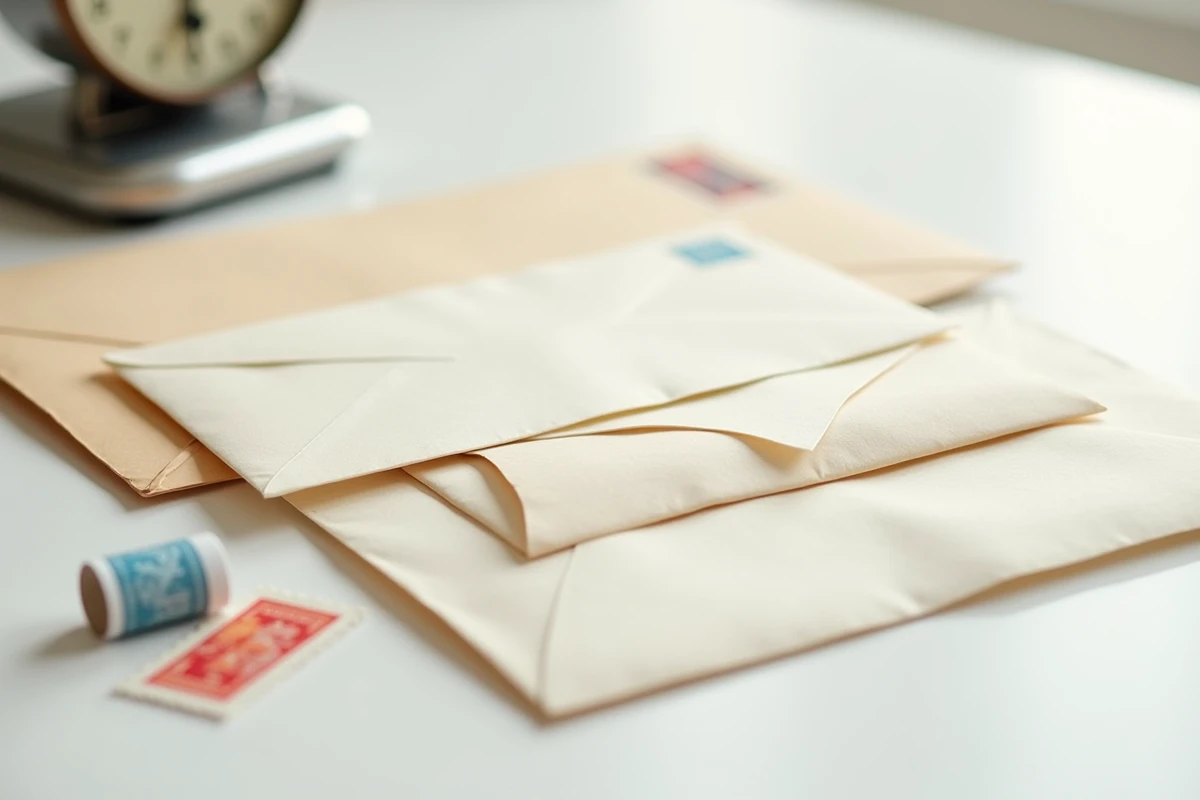 Enveloppes et timbres posés sur un bureau avec une balance postale pour calculer le poids avant envoi