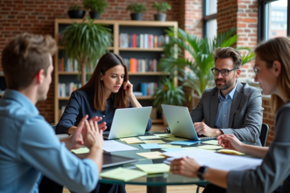 Equipe diverse en brainstorming dans un bureau moderne