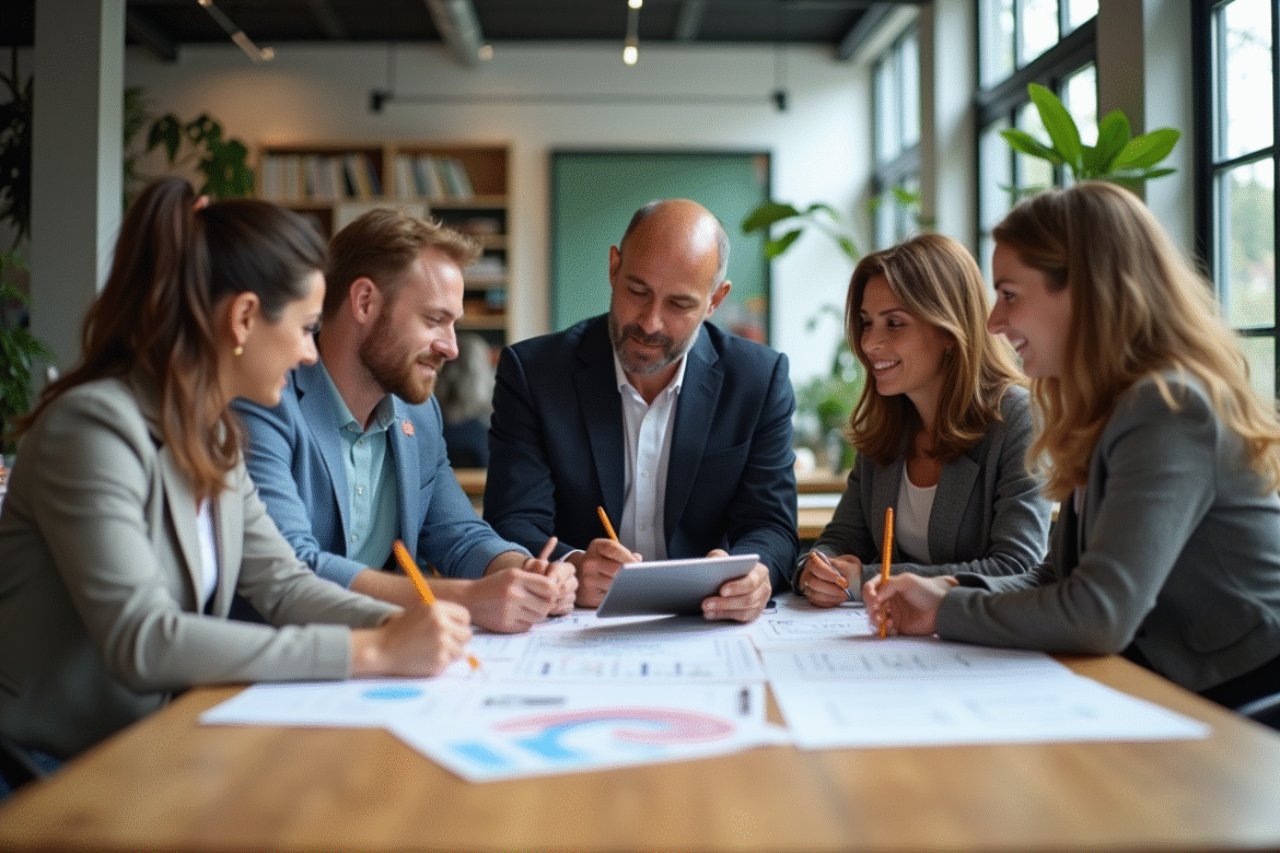 Groupe d'adultes en réunion de brainstorming dans un bureau lumineux