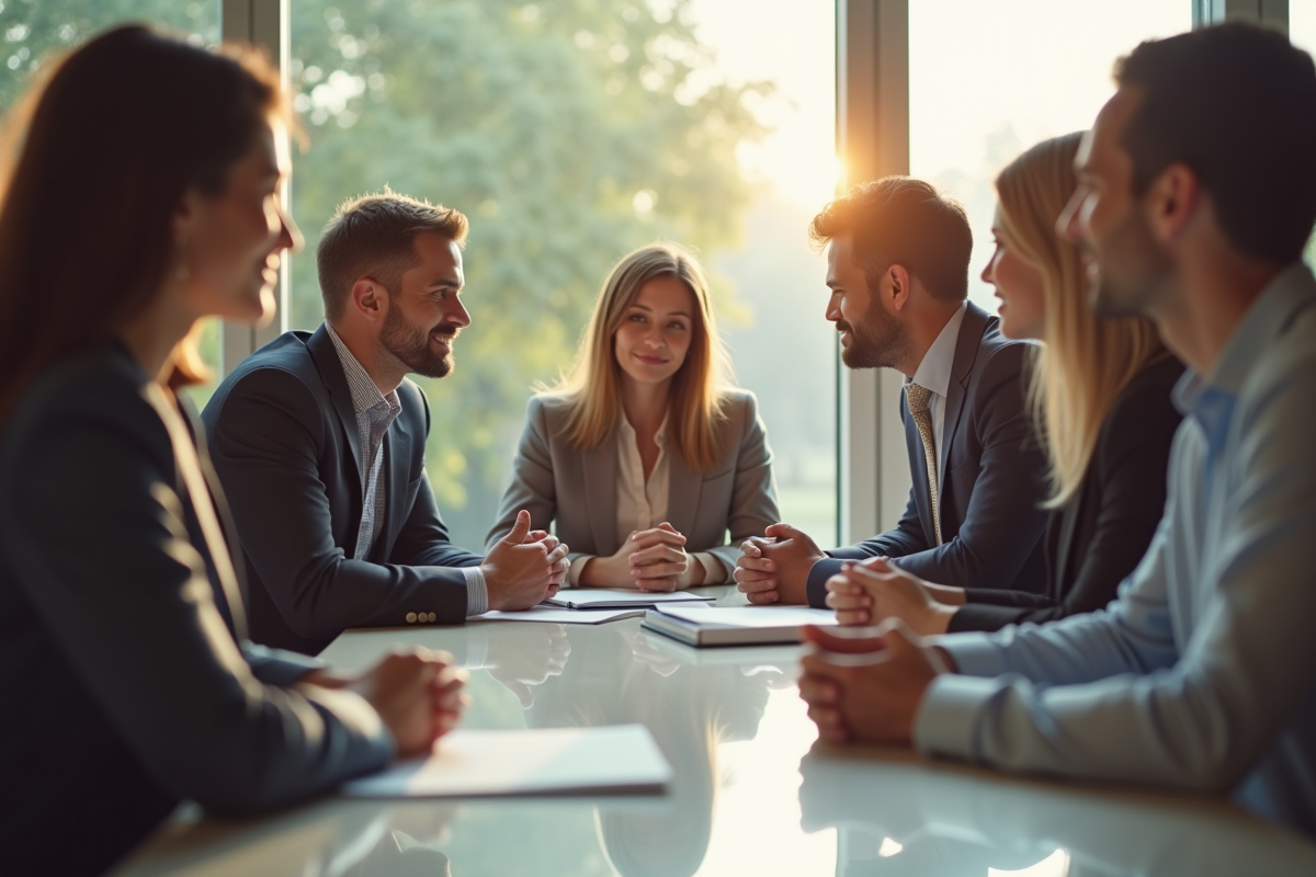 Groupe de personnes en réunion dans un bureau lumineux