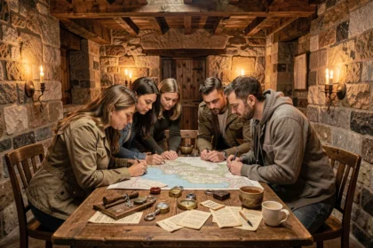 Groupe de joueurs concentrés autour d'énigmes dans un escape game médiéval en Dordogne