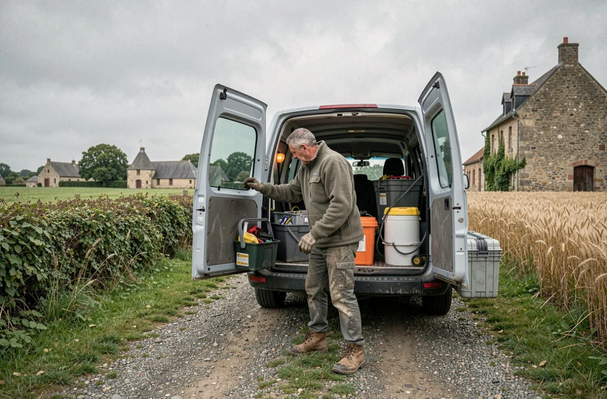 Technicien Etienne Services ouvrant son van devant une ferme isolée dans les zones rurales de l'Aube